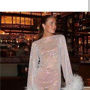 Sparkling Long Sleeve Dress with Feather Cuffs